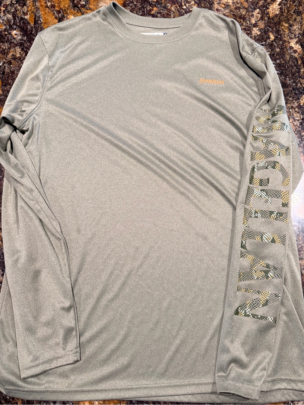 Magellan Outdoors Men's Long Sleeve Performance Tee - Olive Green with Camo Logo